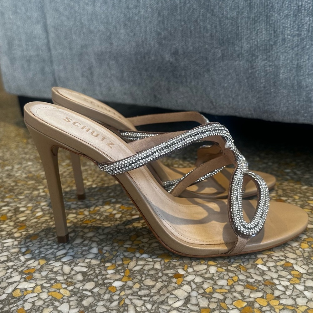 SCHUTZ Tan Stiletto Heels with Rhinestone Straps